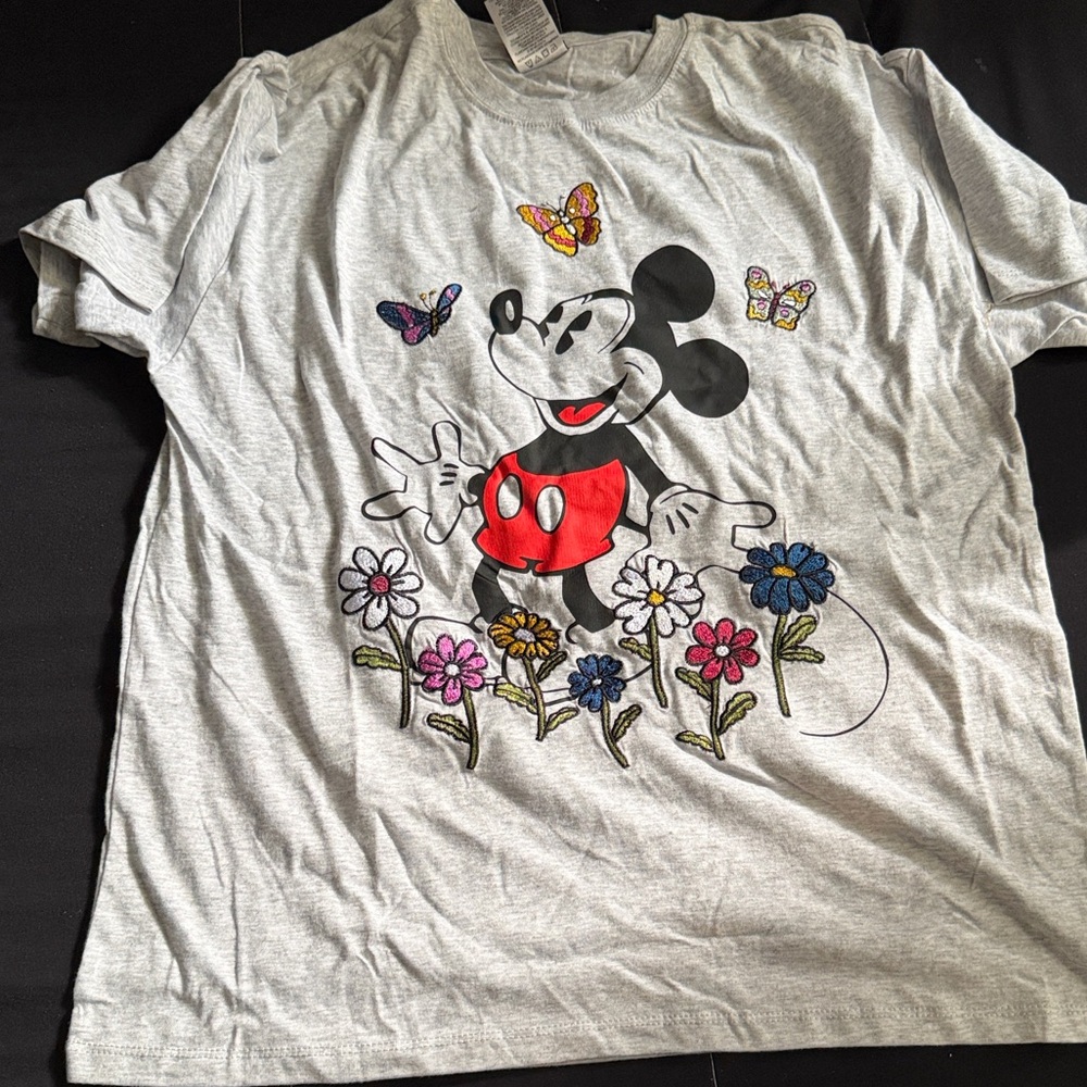 Disney Mickey Mouse Gray T-Shirt with Colorful Flowers